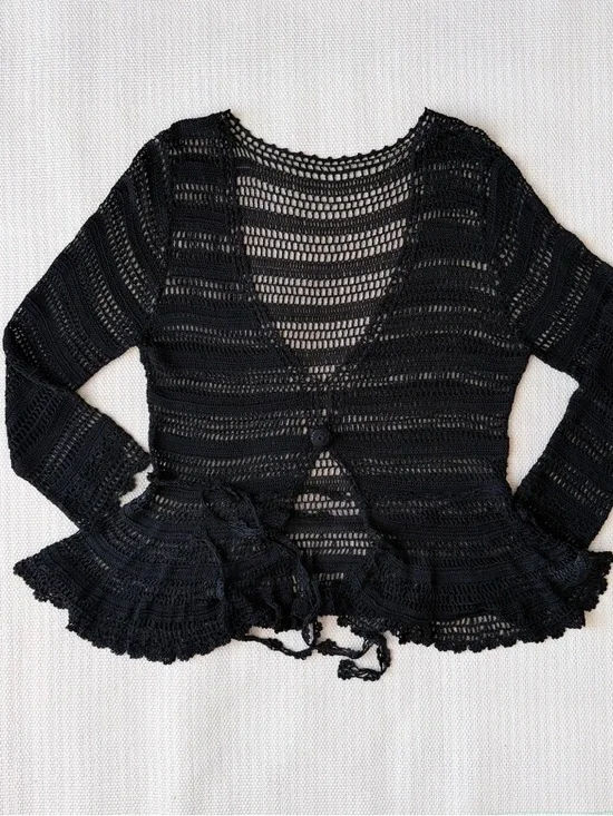 Black Boho Dainty Tassel Lace Tie Knit Cardigan Ruffled Trim - Picture 2 of 3